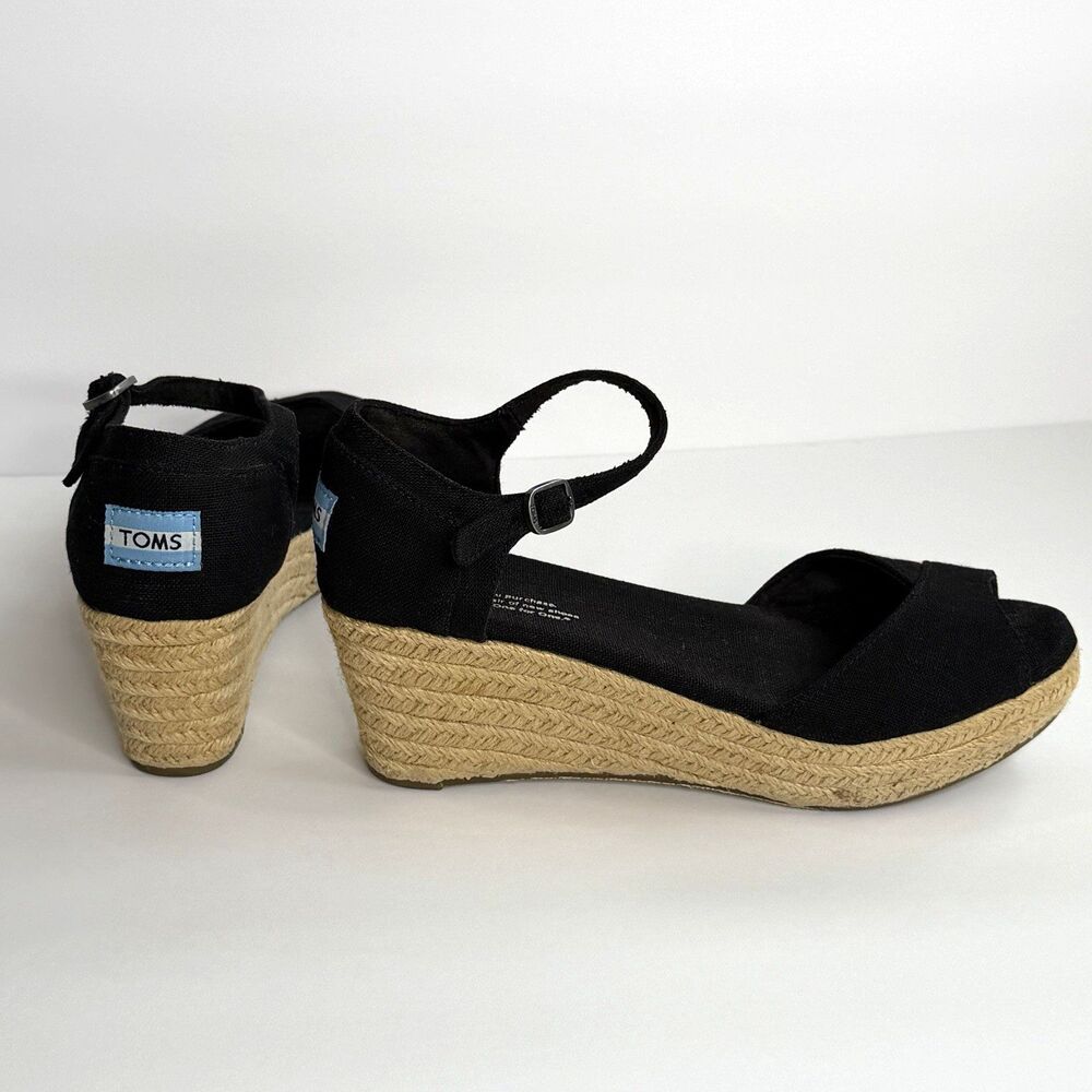 TOMS Black Canvas Peep Toe Jute Wedge Heel‎ Espadrille Sandals Sz 7